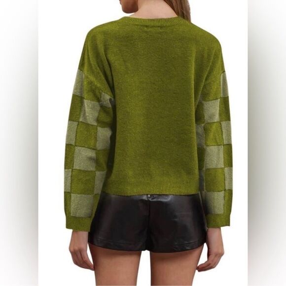 blu pepper XL Olive Moth Green Heather Knit Crew Checker Sleeve Boxy Sweater - Picture 2 of 15